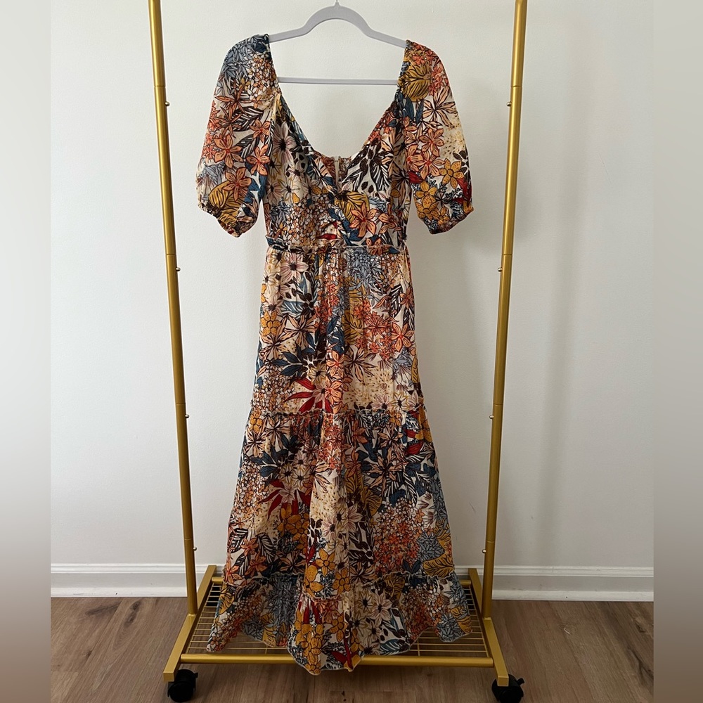 Lavender Brown Floral Linen Puff Sleeve Maxi Dress